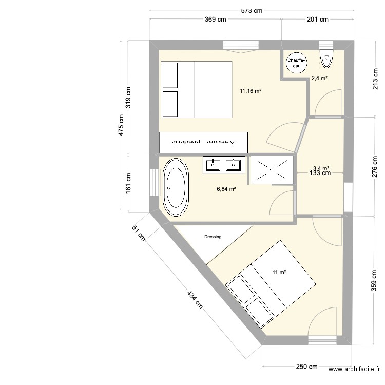 Chambre2. Plan de 5 pièces et 35 m2