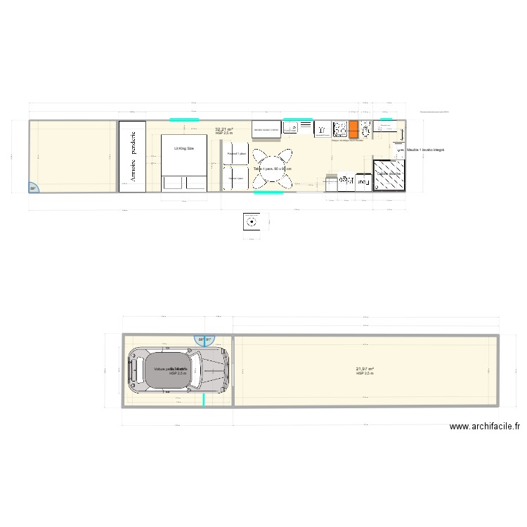 Semi-remorque. Plan de 3 pièces et 63 m2