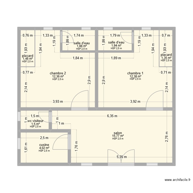 2 chambre salon. Plan de 9 pièces et 53 m2