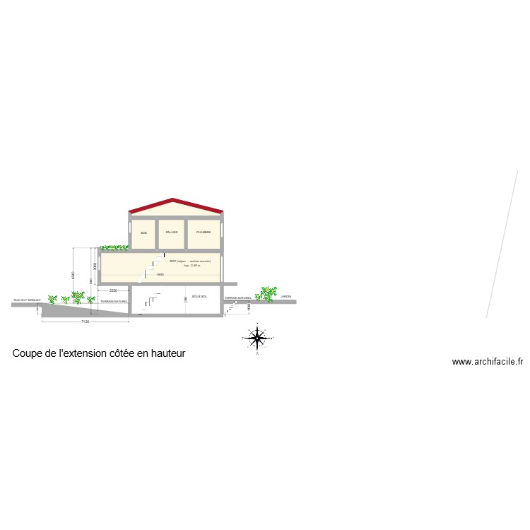 Plan de coupe côté. Plan de 5 pièces et 47 m2