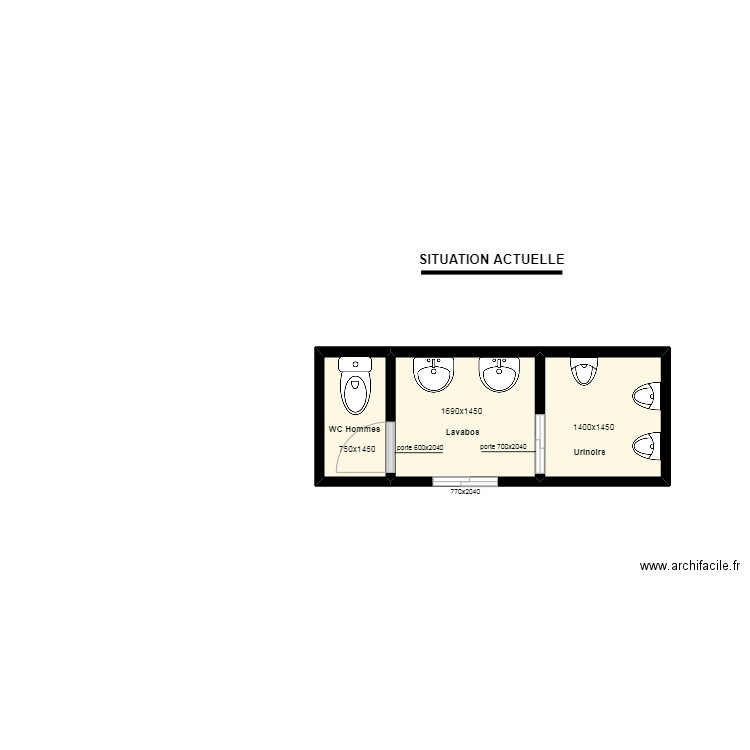 VUE EN PLAN TOILETTES HOMMES. Plan de 3 pièces et 6 m2