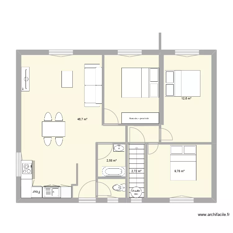 Plan apr&egrave;s travaux. Plan de 5  et 74 m²