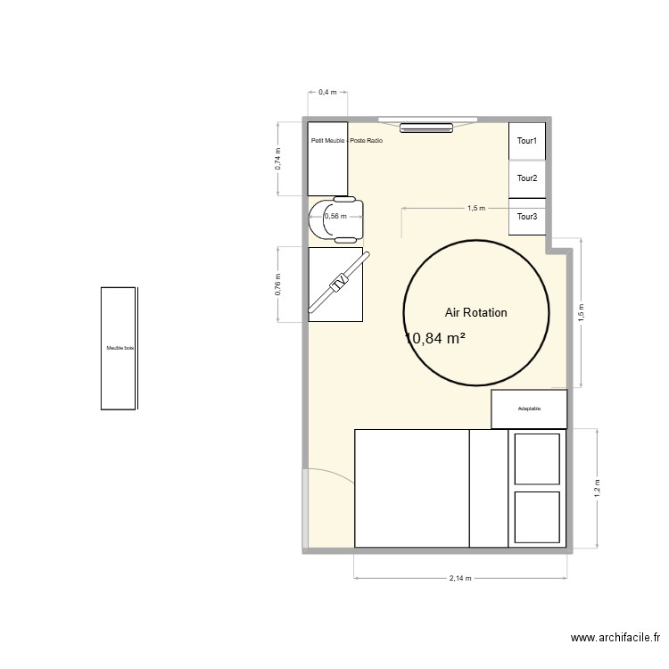 chambre. Plan de 1 pièce et 11 m2
