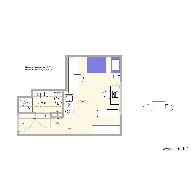 Studio 6 Meubles V1. Plan de 2 pièces et 19 m2