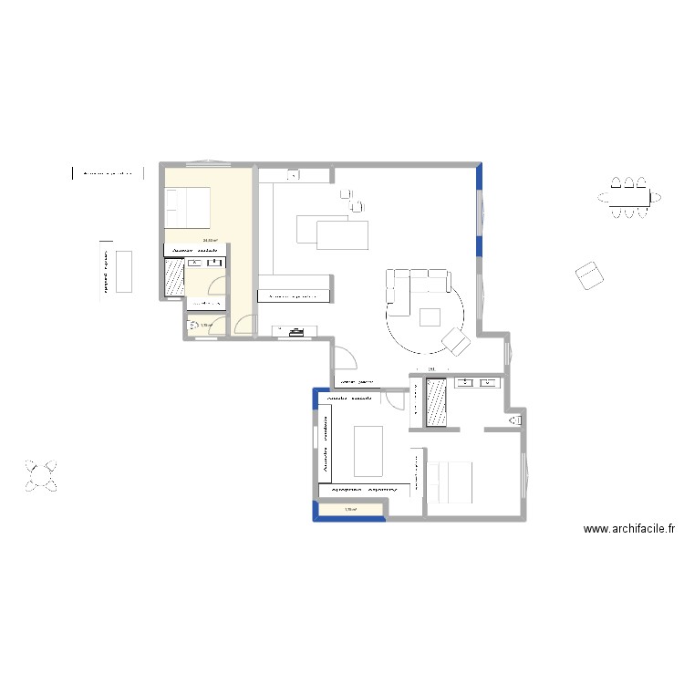 moins de chambre. Plan de 3 pièces et 28 m2