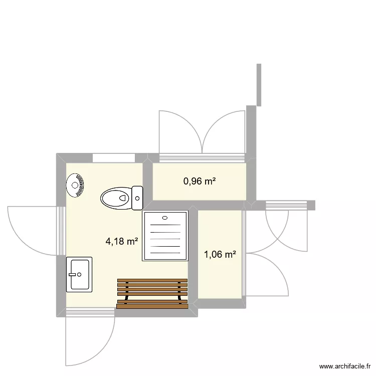 douche wc. Plan de 3 pièces et 6 m²