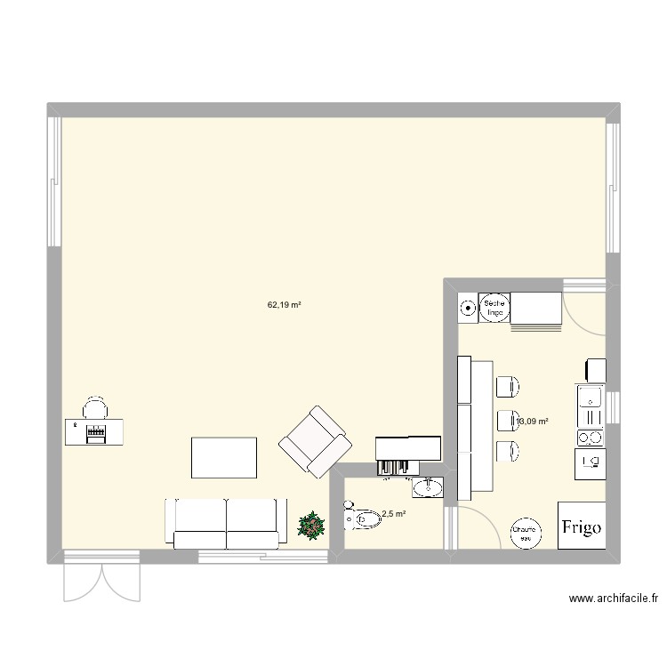 Salon coiffure. Plan de 3 pièces et 78 m2
