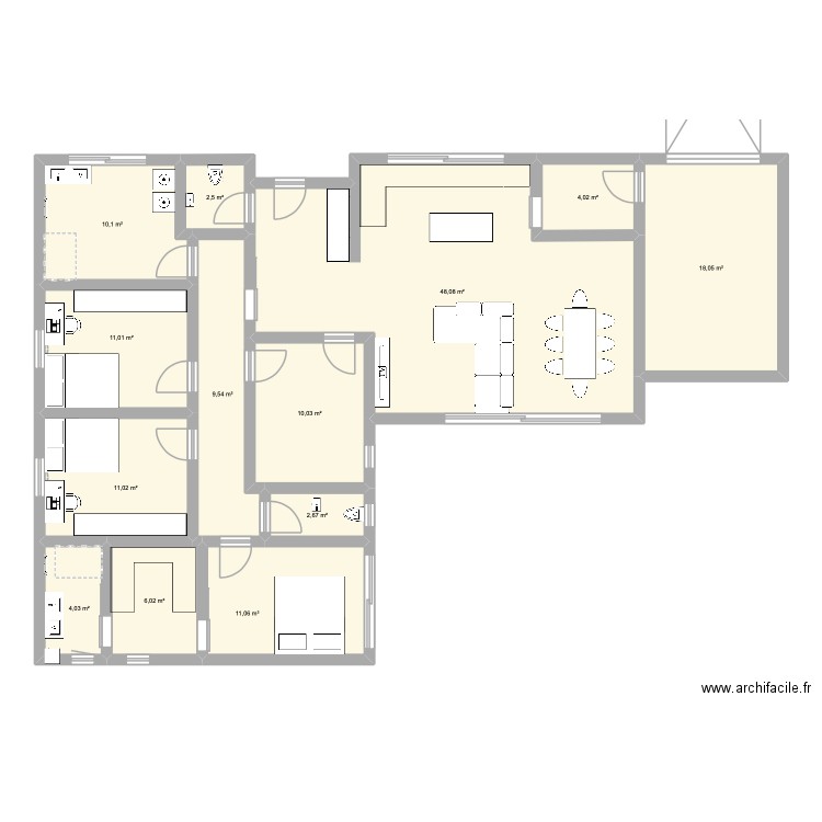 Plan L V2. Plan de 13 pièces et 148 m2