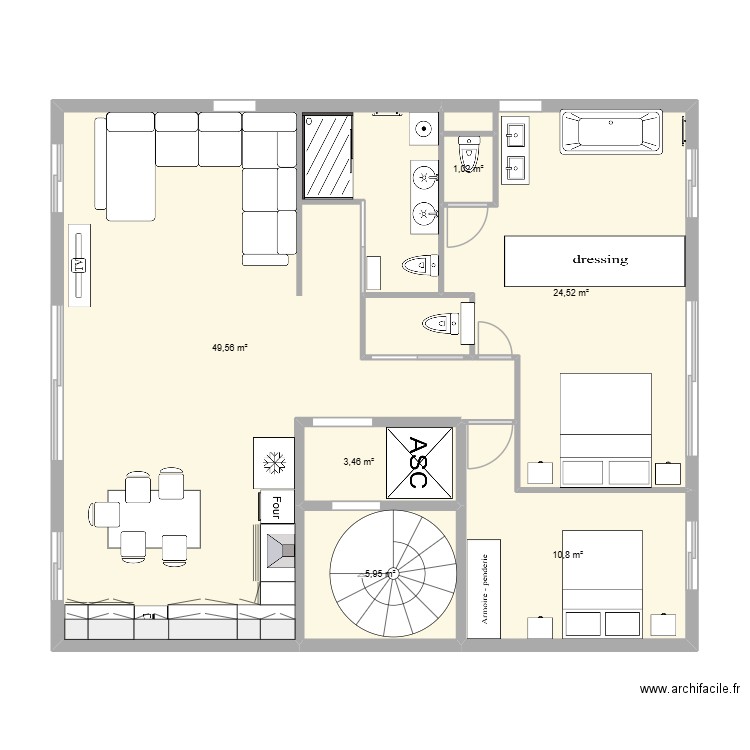 F4 avec SDB parentale, 2 chambres. Plan de 6 pièces et 95 m2