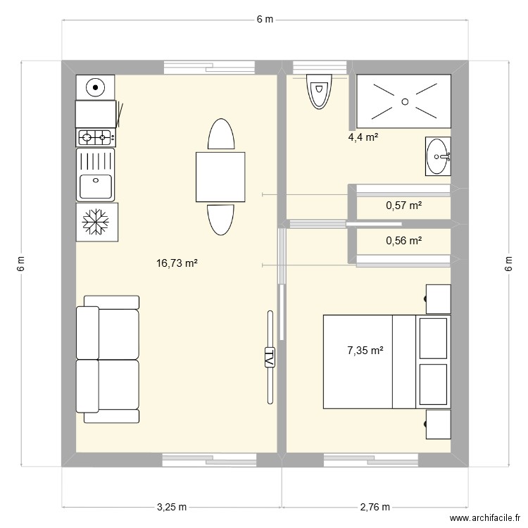 Bungalow01 - 36m2. Plan de 5 pièces et 30 m2