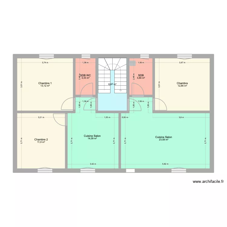 Plan 1er &eacute;tage projet T2 T3. Plan de 8 pièces et 90 m²