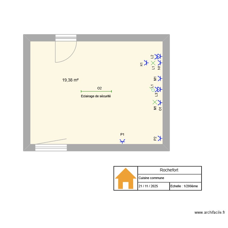 Rochefort- cuisine commune. Plan de 1 pièce et 19 m2
