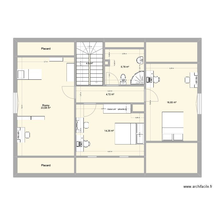 Etage filles. Plan de 14 pièces et 94 m2