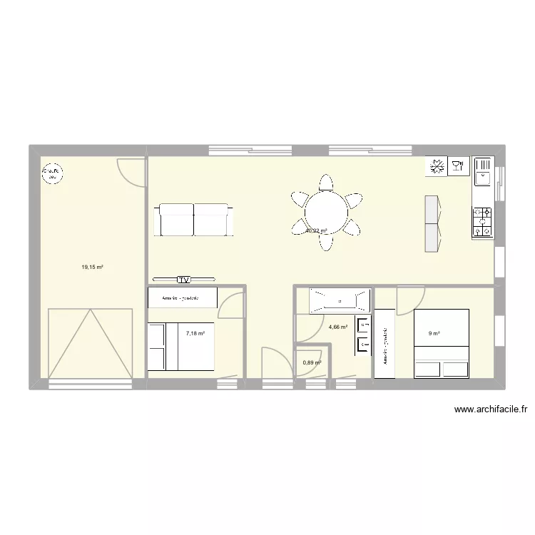Plein pied 2ch.. Plan de 6 pièces et 81 m²