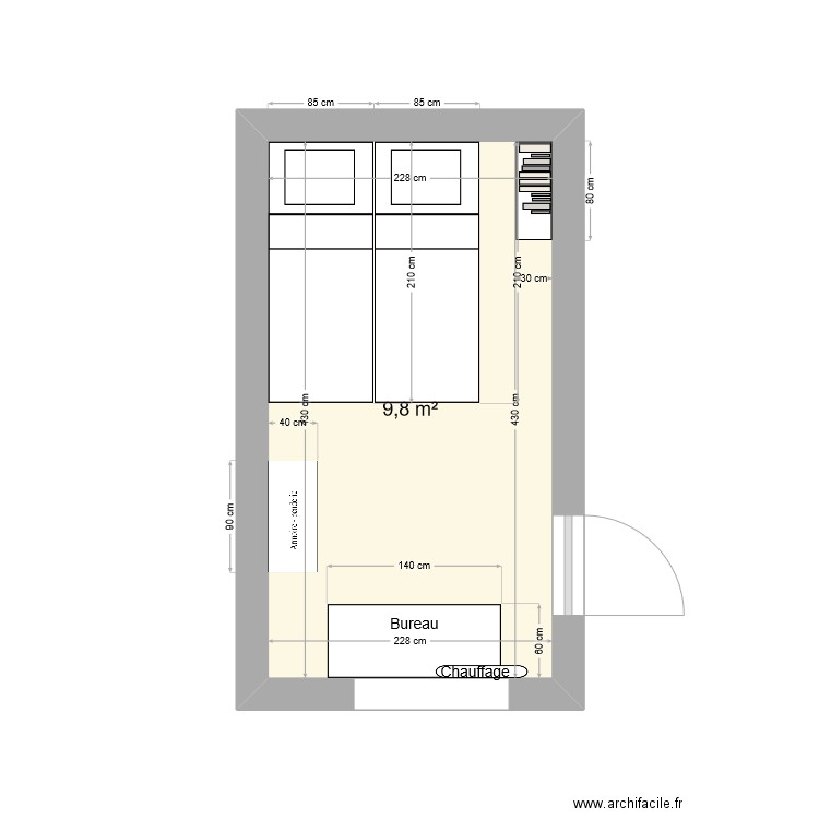 chmbre. Plan de 1 pièce et 10 m2