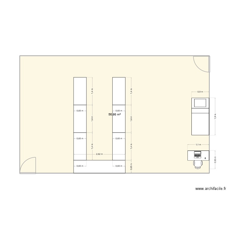 show room. Plan de 1 pièce et 57 m2