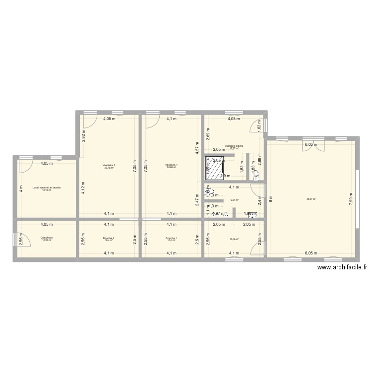 Vestiaire. Plan de 10 pièces et 191 m2