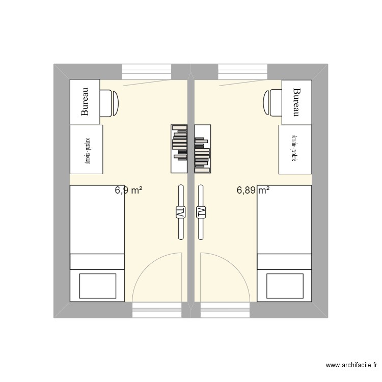 Transfo chambre en 2 chambres individuelles. Plan de 2 pièces et 14 m2