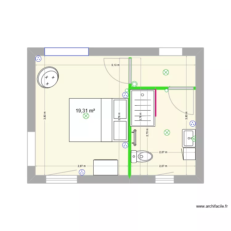 pi&eacute;ce 2 meubles elec SdEau. Plan de 1  et 19 m²