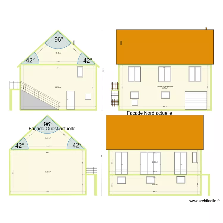 Plan de facade et toiture. Plan de 7  et 189 m²