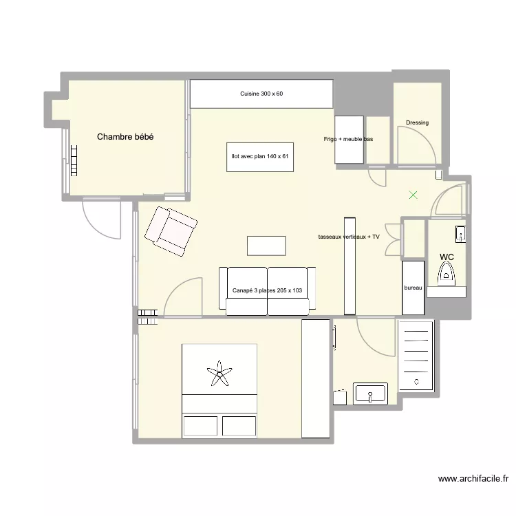 Richard Lenoir avec chambre b&eacute;b&eacute;. Plan de 10  et 50 m²