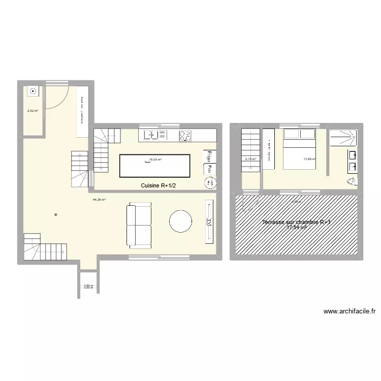 Entr&eacute;e buanderie cuisine V2 bis. Plan de 6  et 99 m²