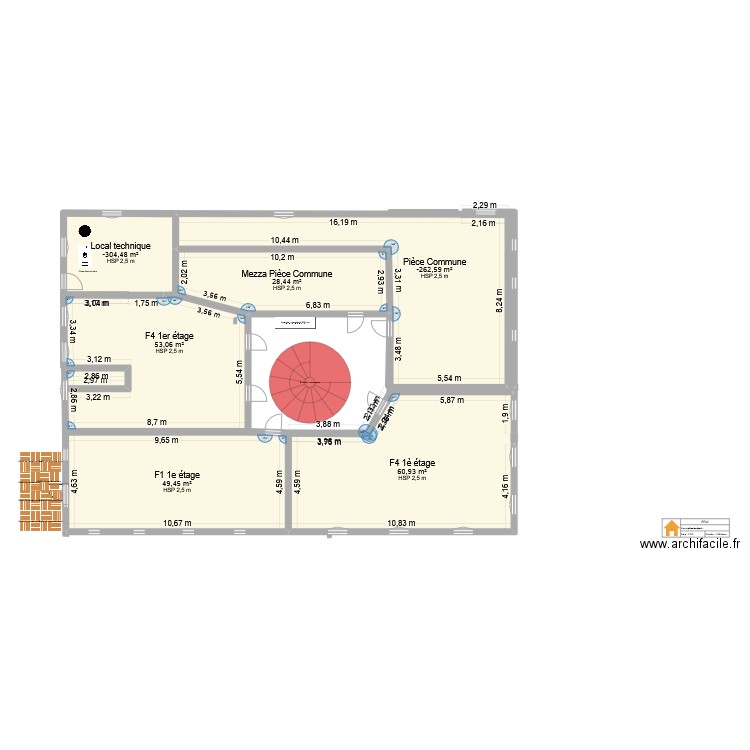 Le Rizac 1er etage - 3è version. Plan de 6 pièces et 272 m2