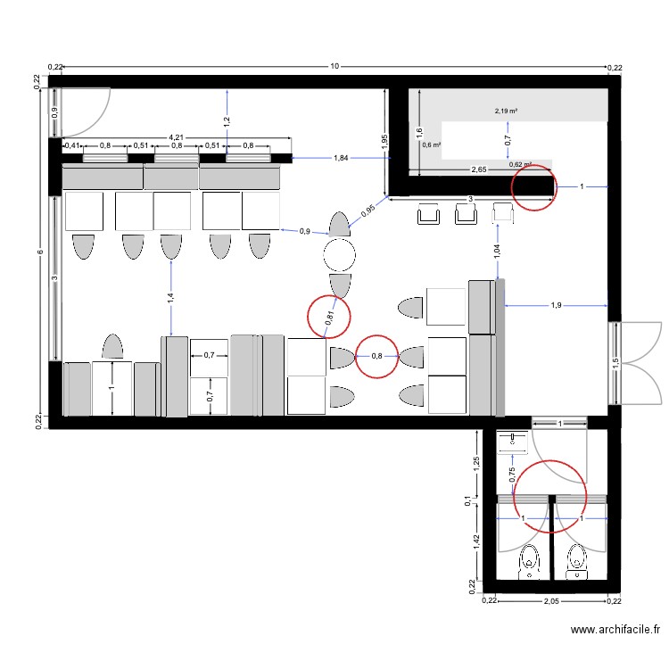 première proposition restaurant bohème. Plan de 3 pièces et 63 m2