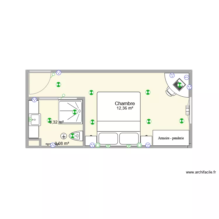 Chambre ex Flora V6. Plan de 3  et 16 m²