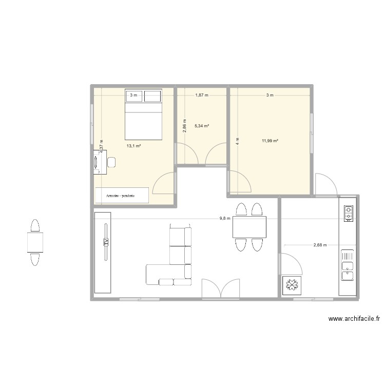 projet PHITSANULOK. Plan de 3 pièces et 30 m2