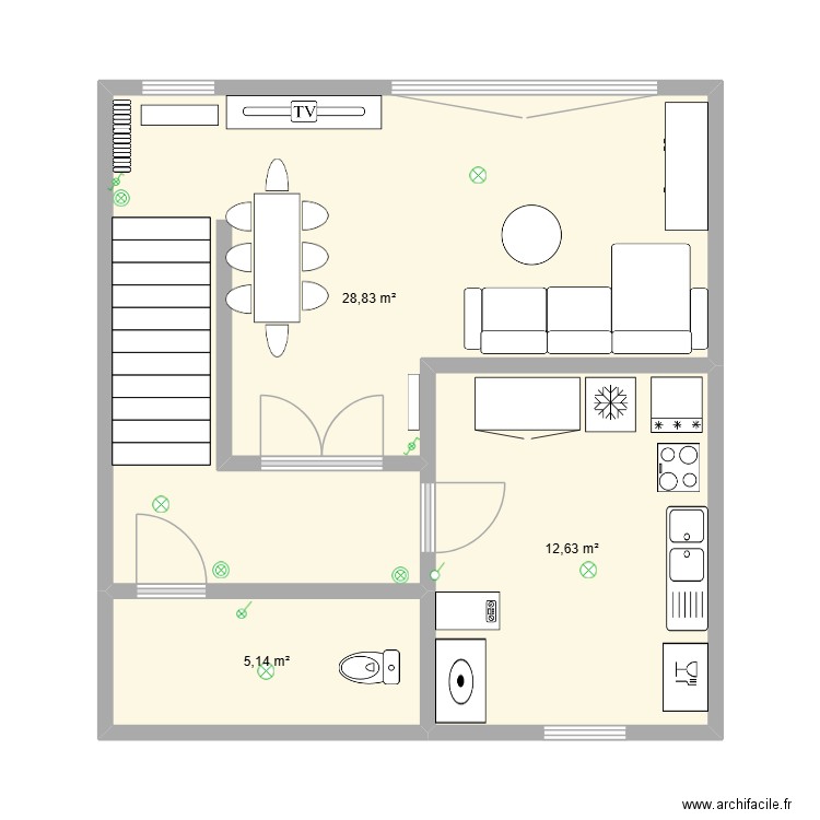 Aménagement Salon. Plan de 3 pièces et 47 m2