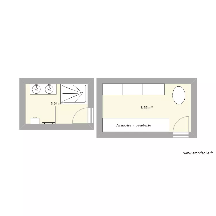 sdb. Plan de 2  et 14 m²