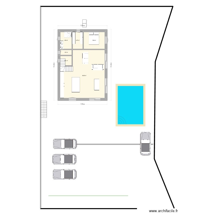 20-10 en long. Plan de 6 pièces et 74 m2