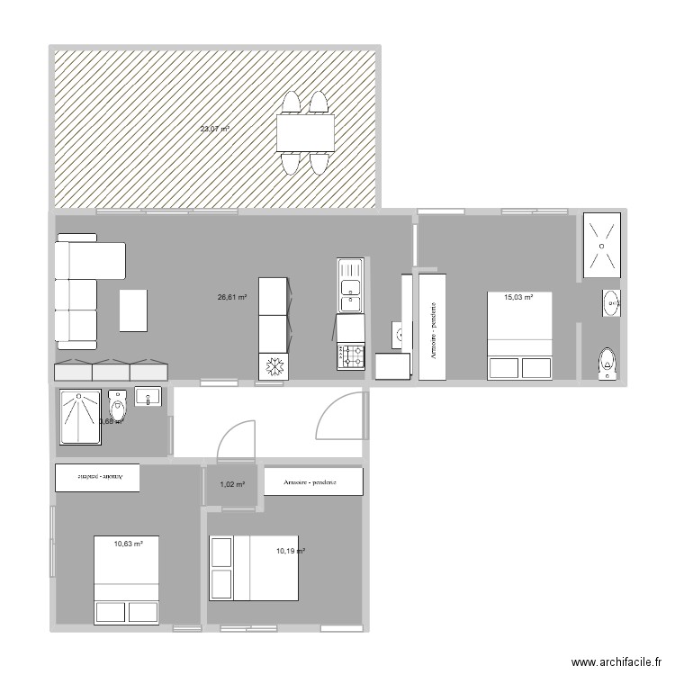 container jaune. Plan de 7 pièces et 90 m2