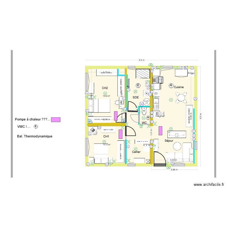 Pibrac disposition Gle Finale. Plan de 3 pièces et 69 m2