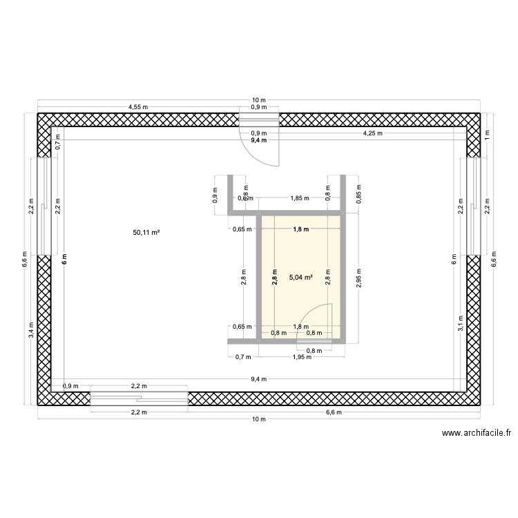 6,60x10. Plan de 2 pièces et 61 m2