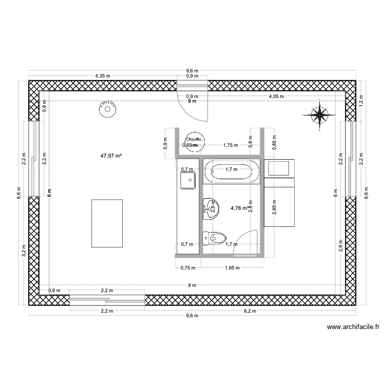 6,60x10. Plan de 2  et 59 m²