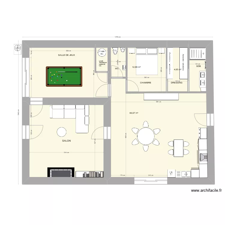 Projection 104 B cot&eacute; inter-exter + local tech. Plan de 