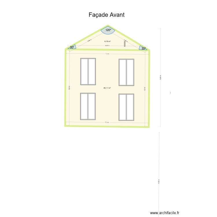 Plan de facade et toiture démo. Plan de 2 pièces et 53 m2