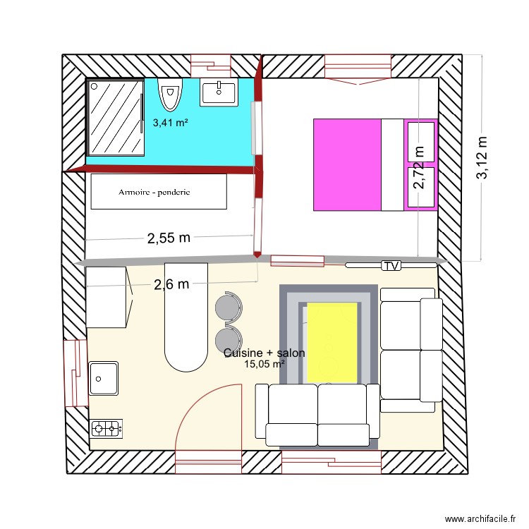 Sweet home. Plan de 2 pièces et 18 m2