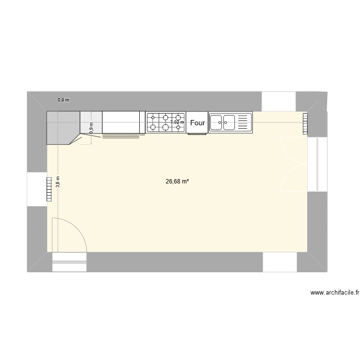 cuisine. Plan de 1 pièce et 27 m2
