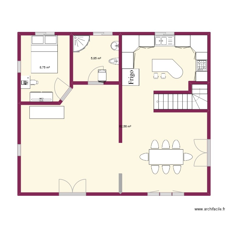 campagne. Plan de 3 pièces et 77 m2
