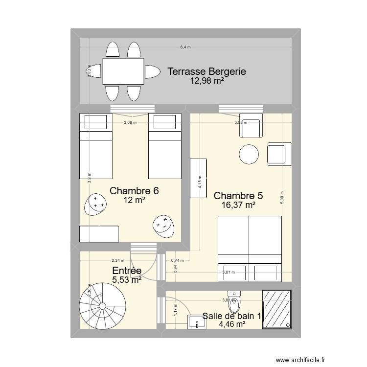 Fleury Maison 1 bergerie 1er étage projet 2. Plan de 5 pièces et 51 m2