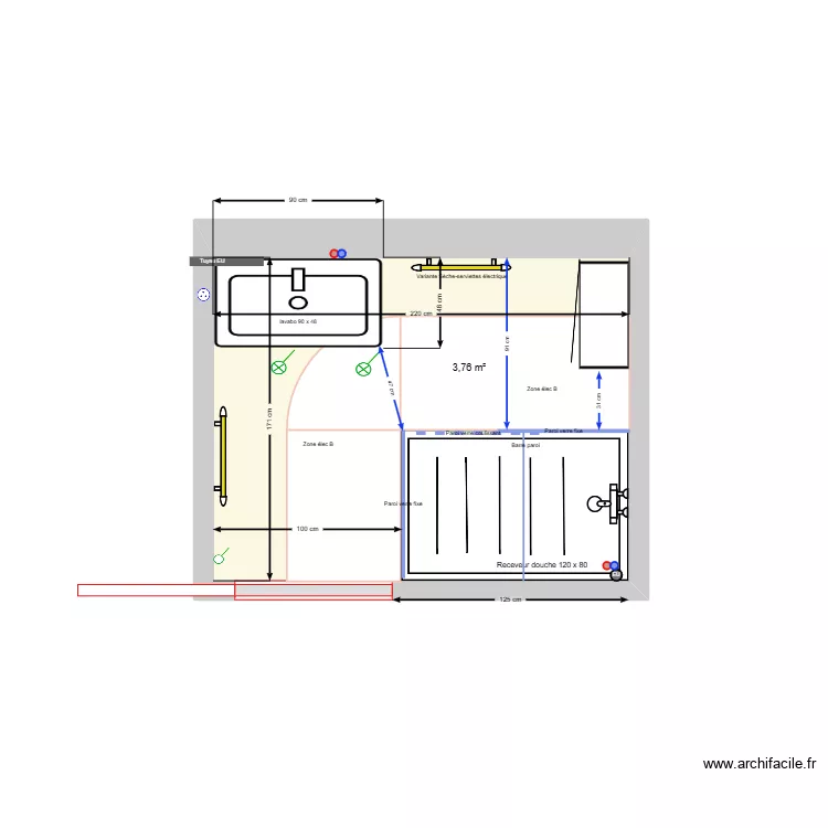 SDB Rossan_V120x80 &agrave; droite Coulissant. Plan de 