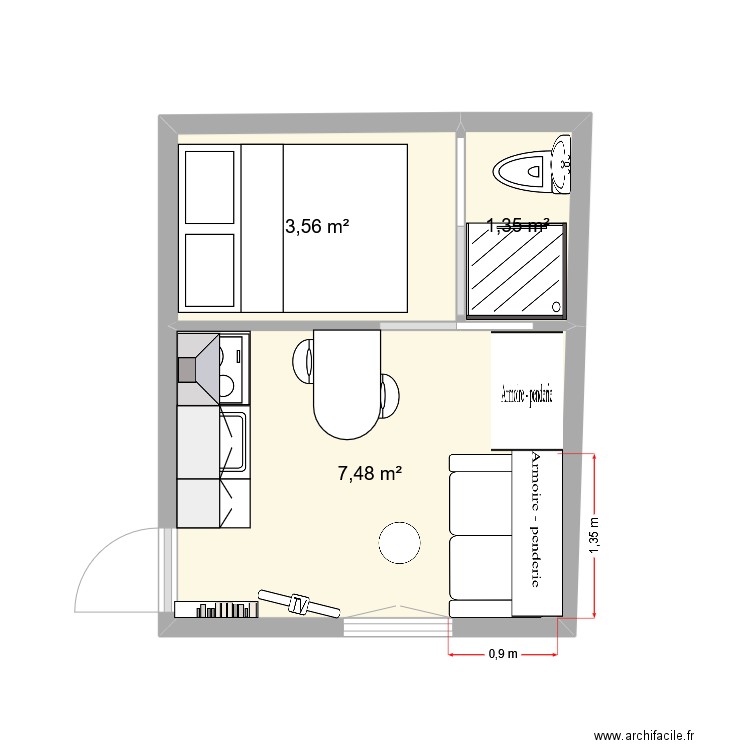 rennes avec petite chambre méme nivau. Plan de 3 pièces et 12 m2