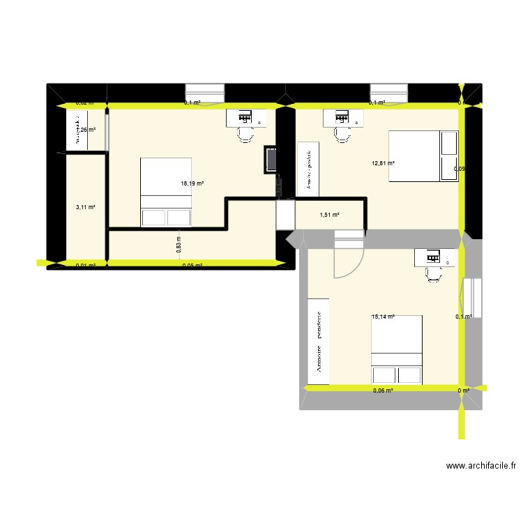 R1 Papi. Plan de 4 pièces et 57 m2