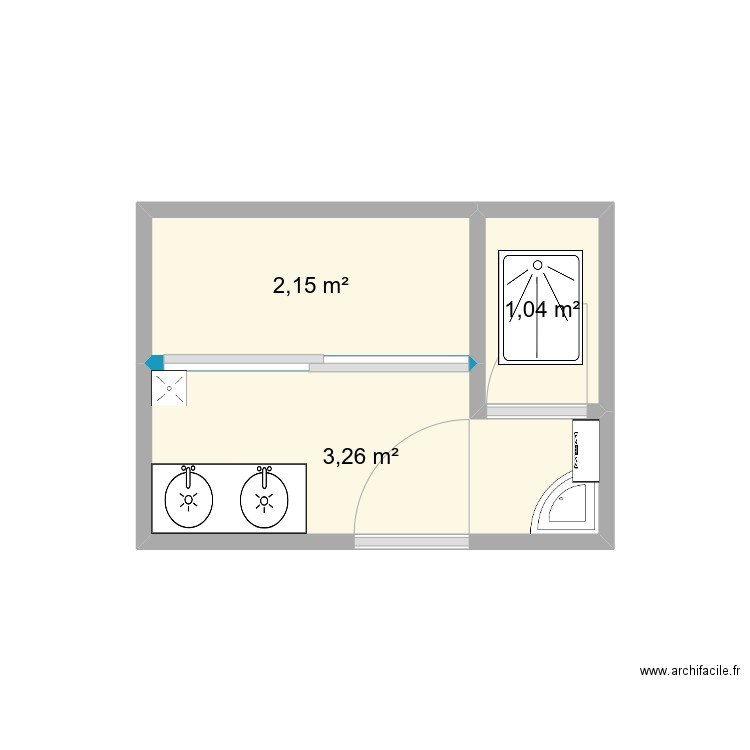 Douche. Plan de 3 pièces et 6 m2