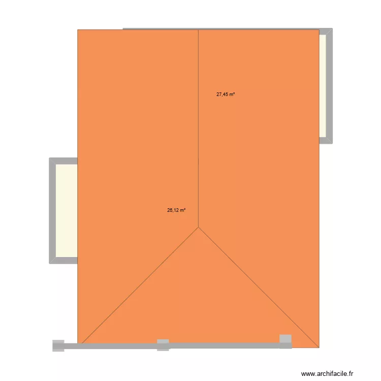 test toit 3 pents. Plan de 2 Pièces et 54 m²