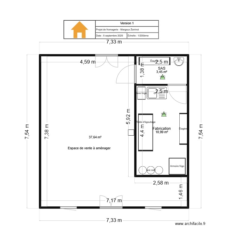 Projet Margaux Zaninot. Plan de 3 pièces et 52 m2