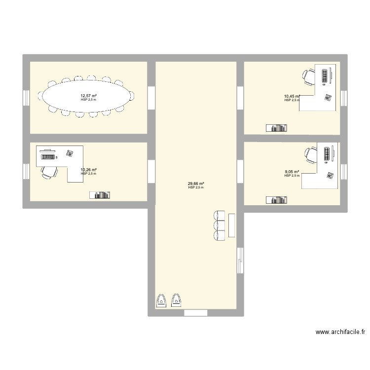 Bureaux. Plan de 5 pièces et 72 m2